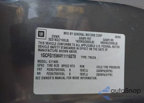 2000 Chevrolet Express from USA, damaged, VIN 1GCFG15W4Y1119278